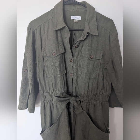 Calvin Klein Women's Dark Green Button Up Linen Dress - Picture 3 of 6